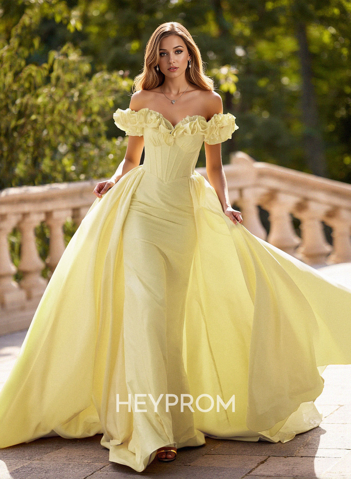 Unique Ruffle Flower(s) Off-The-Shoulder Overskirt Sweep Train Taffeta Prom Dresses