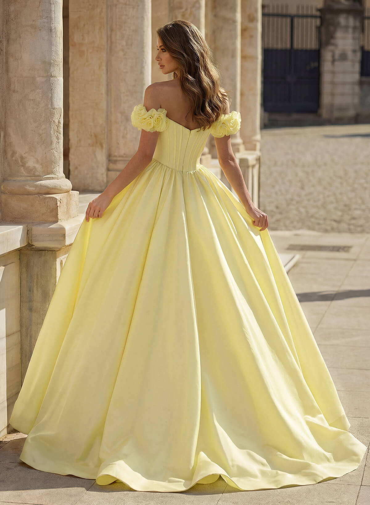 Unique Ruffle Flower(s) Off-The-Shoulder Overskirt Sweep Train Taffeta Prom Dresses