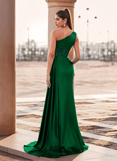 Elegant One-Shoulder Sequins Corset High Split Satin Prom Dresses With Sweeping Side Drape