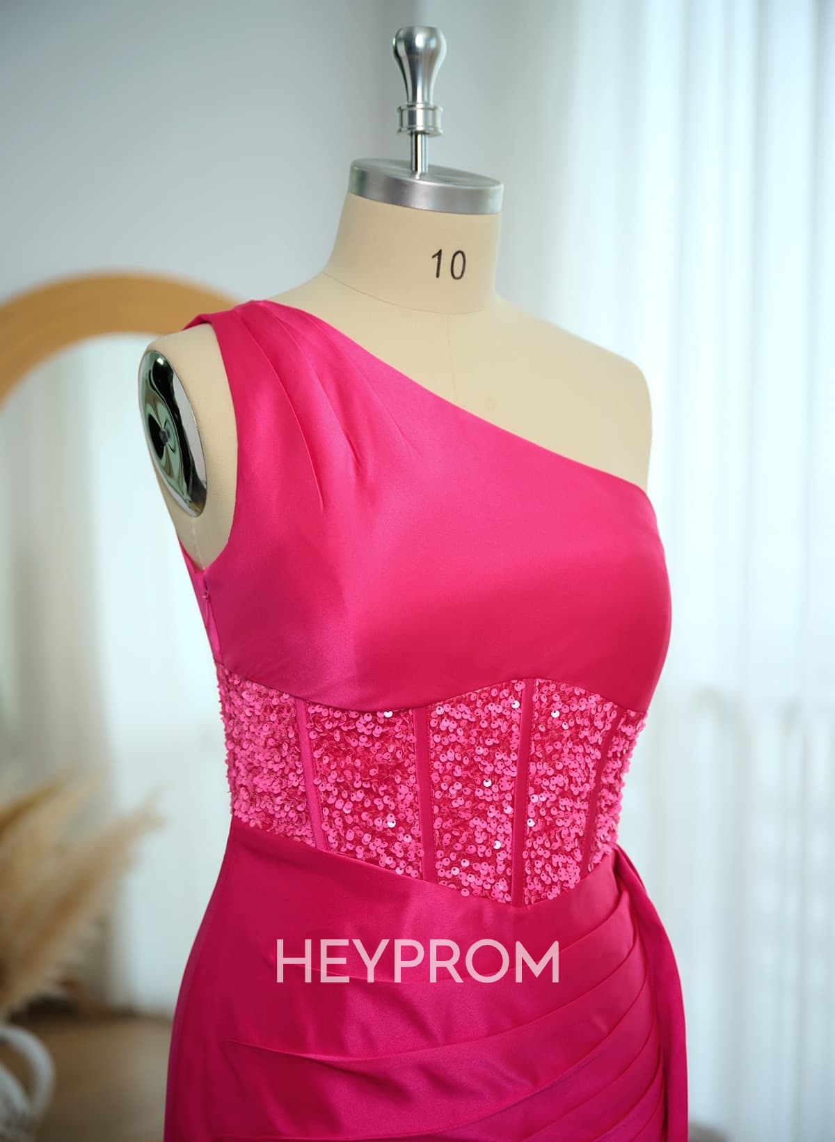 Elegant One-Shoulder Sequins Corset High Split Satin Prom Dresses With Sweeping Side Drape