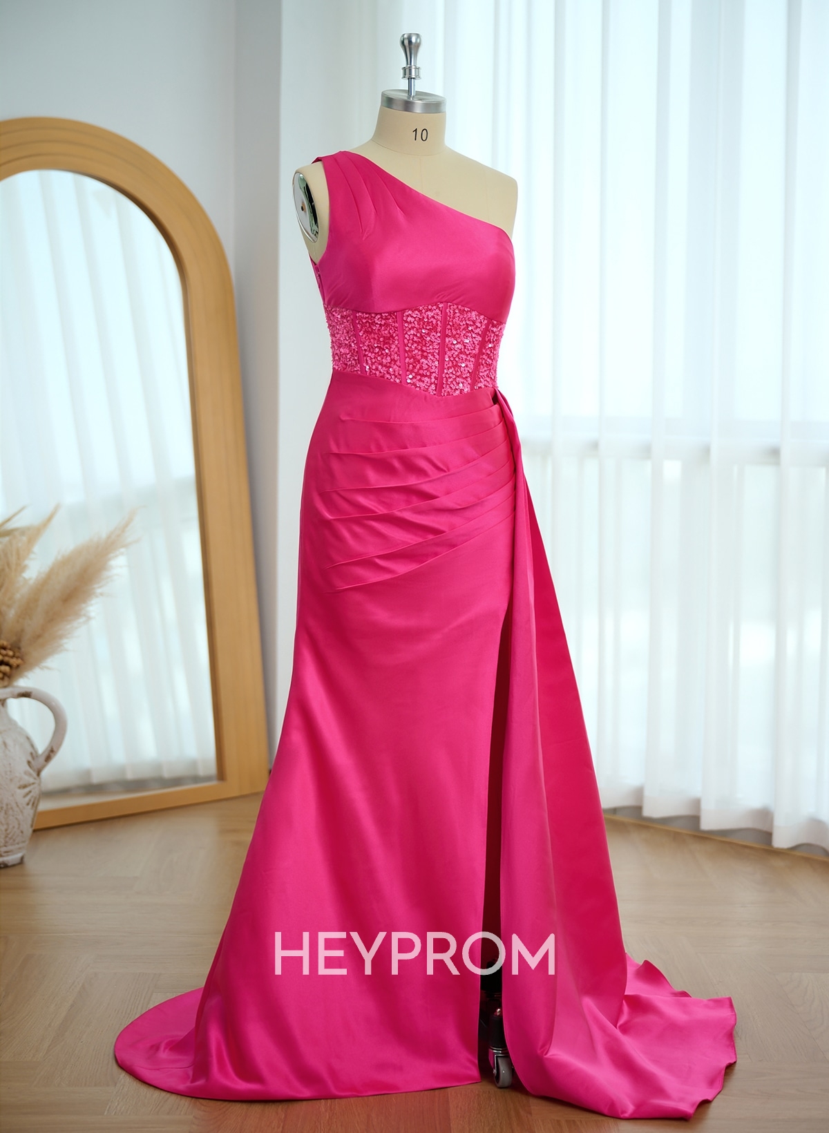 Elegant One-Shoulder Sequins Corset High Split Satin Prom Dresses With Sweeping Side Drape