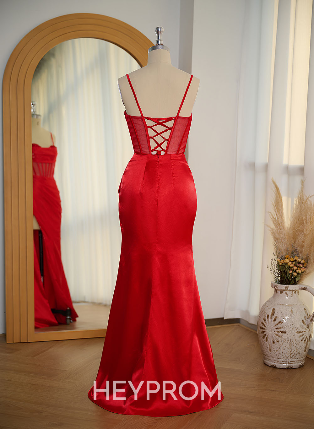 Sexy Sweetheart Sleeveless Silk Like Satin Lace Up Back Prom Dresses With High Split