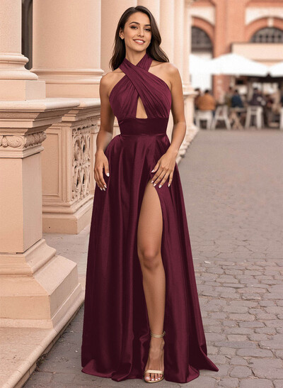 Elegant Halter A-Line High Split Floor-Length Charmeuse Prom Dresses