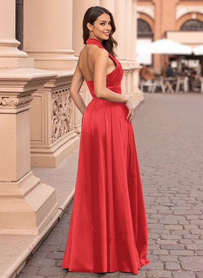 Elegant Halter A-Line High Split Floor-Length Charmeuse Prom Dresses