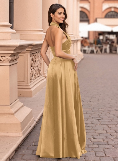 Elegant Halter A-Line High Split Floor-Length Charmeuse Prom Dresses