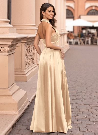 Elegant Halter A-Line High Split Floor-Length Charmeuse Prom Dresses