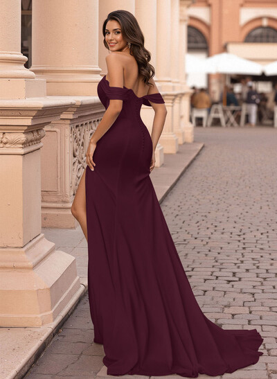 Elegant Off-The-Shoulder High Split Sweep Train Elastic Satin Prom Dresses