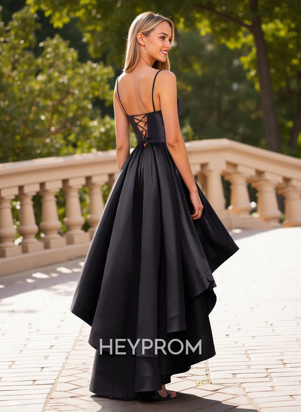 Unique Sweetheart Illusion Corset Ruffle A-Line Asymmetrical Length Satin Prom Dresses