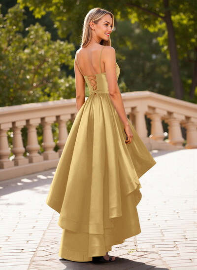 Unique Sweetheart Illusion Corset Ruffle A-Line Asymmetrical Length Satin Prom Dresses