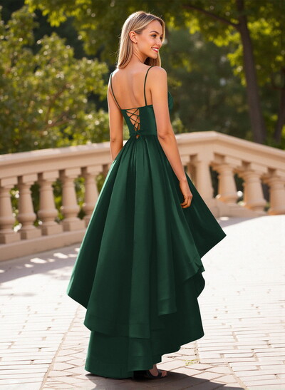 Unique Sweetheart Illusion Corset Ruffle A-Line Asymmetrical Length Satin Prom Dresses
