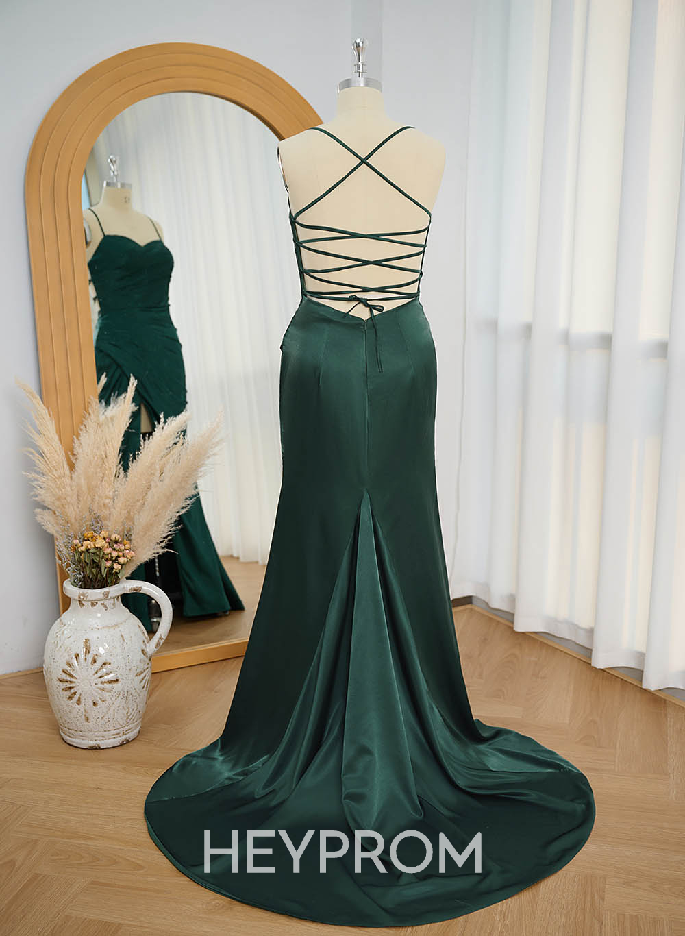 Classic Square Neckline High Split Court Train Silk Like Satin Prom Dresses