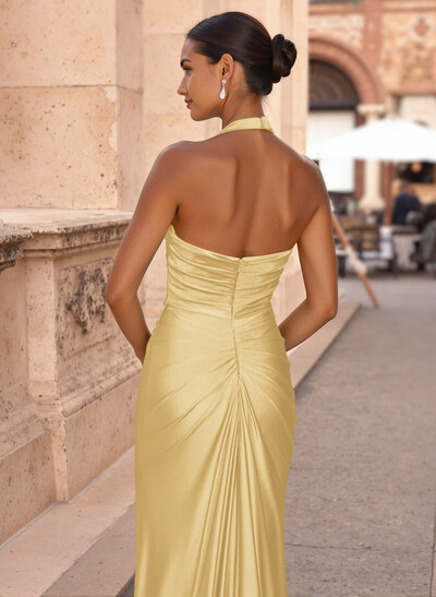 Elegant Halter Ruched High Split Sweep Train Silk Like Satin Prom Dresses