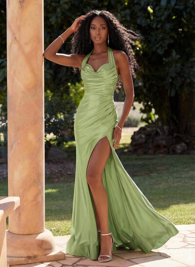 Elegant Halter Ruched High Split Sweep Train Stretch Satin Knit Prom Dresses