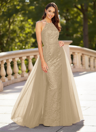 Unique Halter Overskirt Sweep Train Lace/Tulle Prom Dresses
