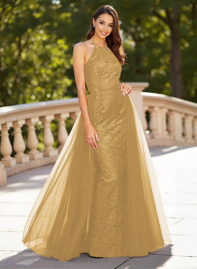 Unique Halter Overskirt Sweep Train Lace/Tulle Prom Dresses