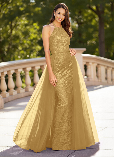 Unique Halter Overskirt Sweep Train Lace/Tulle Prom Dresses