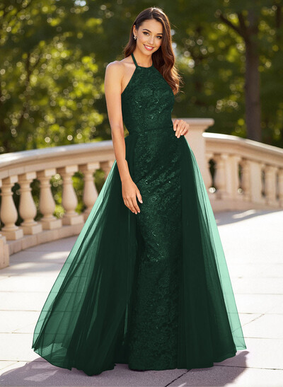 Unique Halter Overskirt Sweep Train Lace/Tulle Prom Dresses