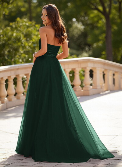 Unique Halter Overskirt Sweep Train Lace/Tulle Prom Dresses