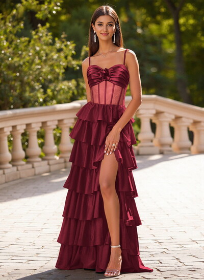 Unique Sweetheart Illusion Corset Tiered A-Line Ruffle Floor-Length Satin Prom Dresses