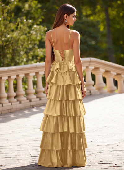Unique Sweetheart Illusion Corset Tiered A-Line Ruffle Floor-Length Satin Prom Dresses