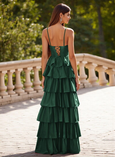 Unique Sweetheart Illusion Corset Tiered A-Line Ruffle Floor-Length Satin Prom Dresses
