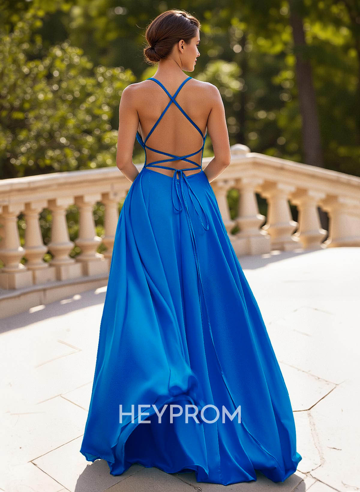 Classic A-Line Spaghetti Straps Stretch Satin Prom Dresses With Lace Up Back