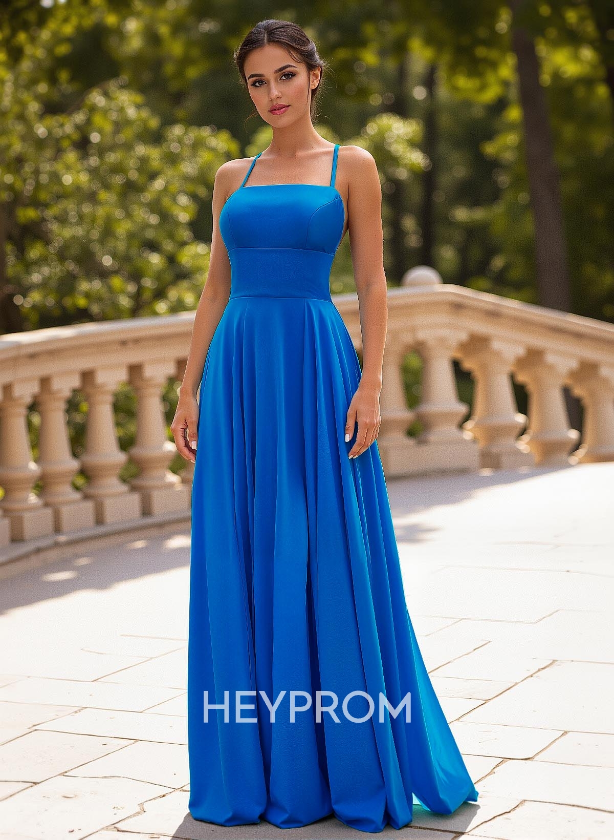 Classic A-Line Spaghetti Straps Stretch Satin Prom Dresses With Lace Up Back