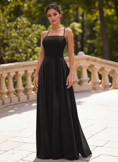 Classic A-Line Spaghetti Straps Stretch Satin Prom Dresses With Lace Up Back