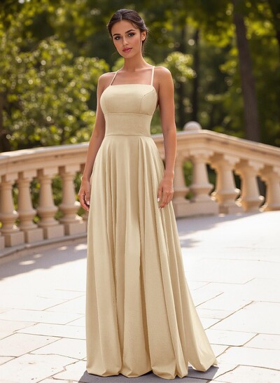 Classic A-Line Spaghetti Straps Stretch Satin Prom Dresses With Lace Up Back