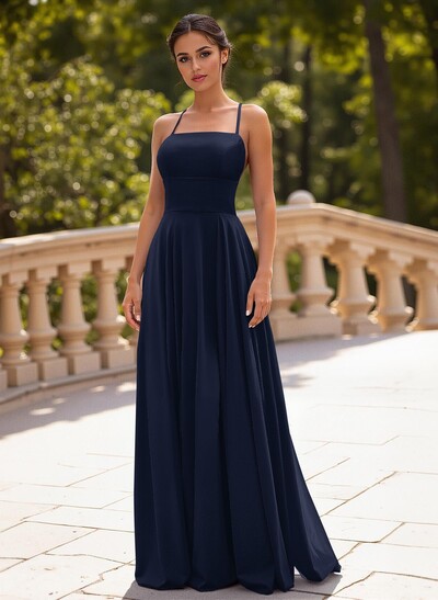 Classic A-Line Spaghetti Straps Stretch Satin Prom Dresses With Lace Up Back