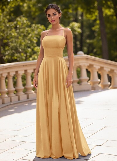 Classic A-Line Spaghetti Straps Stretch Satin Prom Dresses With Lace Up Back