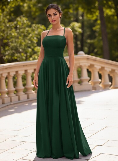 Classic A-Line Spaghetti Straps Stretch Satin Prom Dresses With Lace Up Back