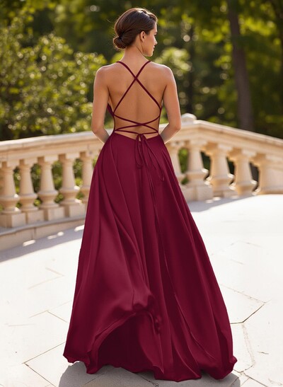 Classic A-Line Spaghetti Straps Stretch Satin Prom Dresses With Lace Up Back