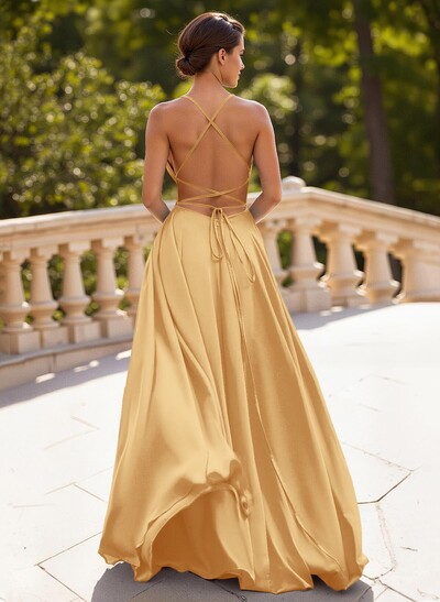 Classic A-Line Spaghetti Straps Stretch Satin Prom Dresses With Lace Up Back