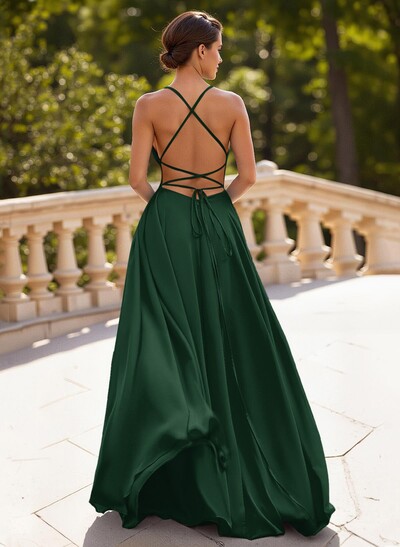 Classic A-Line Spaghetti Straps Stretch Satin Prom Dresses With Lace Up Back