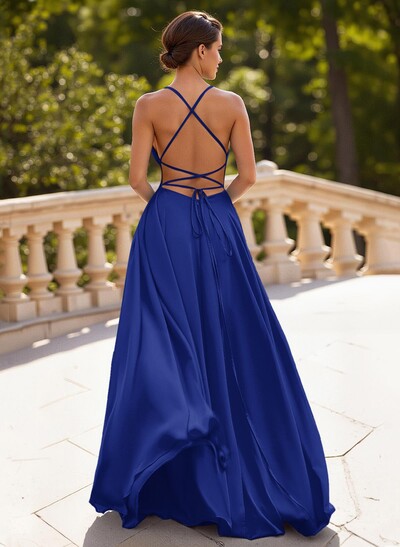 Classic A-Line Spaghetti Straps Stretch Satin Prom Dresses With Lace Up Back