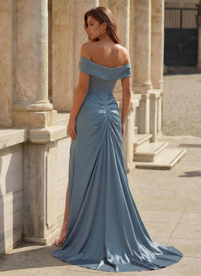 Simple Off-The-Shoulder Ruched High Split Sweep Train Crepe Satin Prom Dresses