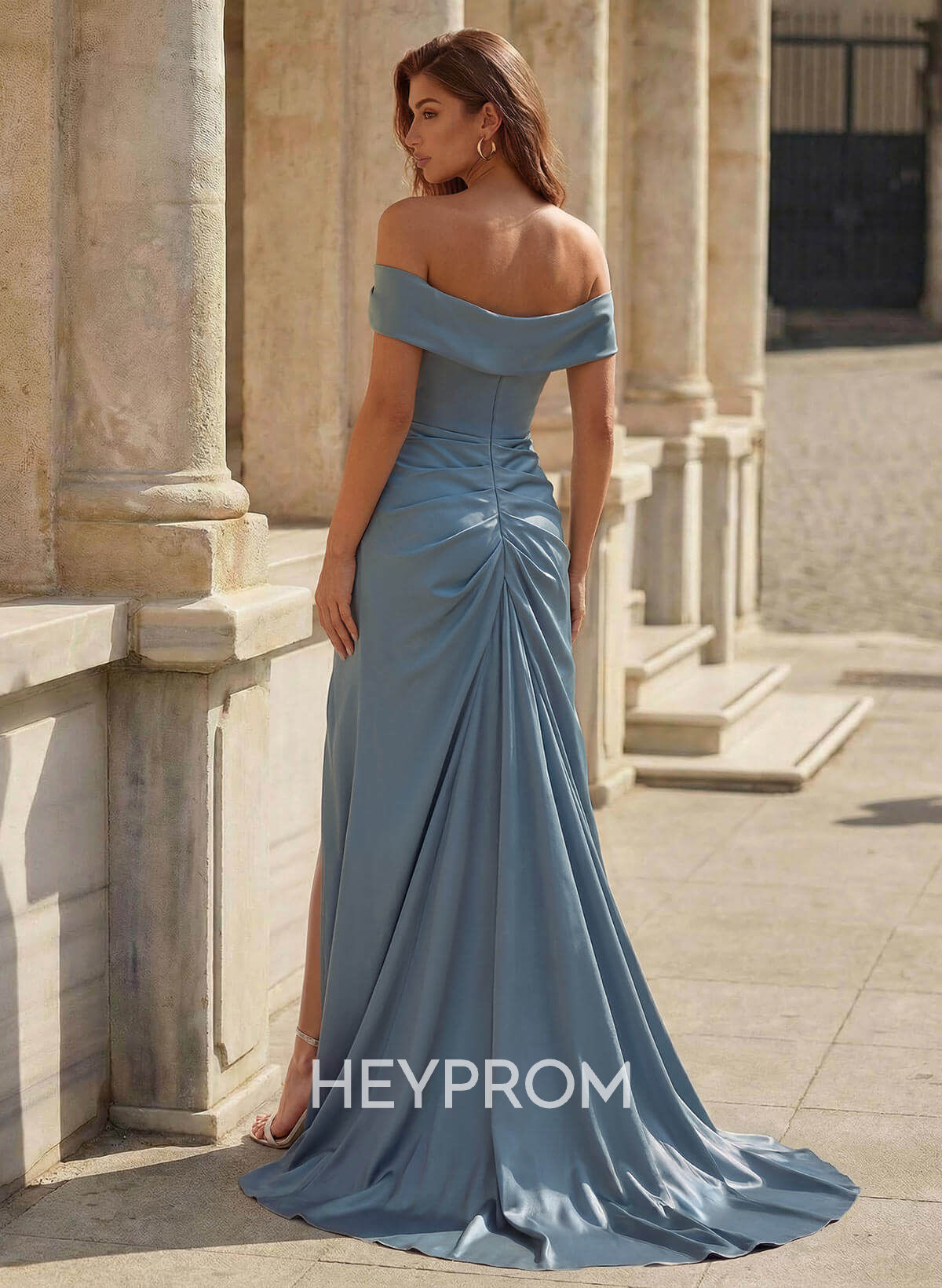 Simple Off-The-Shoulder Ruched High Split Sweep Train Crepe Satin Prom Dresses