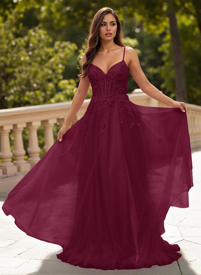 Sweet & Flow A-Line V-Neck Lace/Tulle/Silk Like Satin Prom Dresses With Appliques Lace