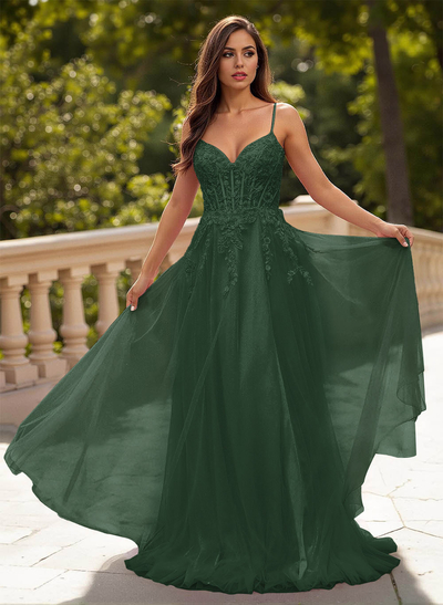 Sweet & Flow A-Line V-Neck Lace/Tulle/Silk Like Satin Prom Dresses With Appliques Lace