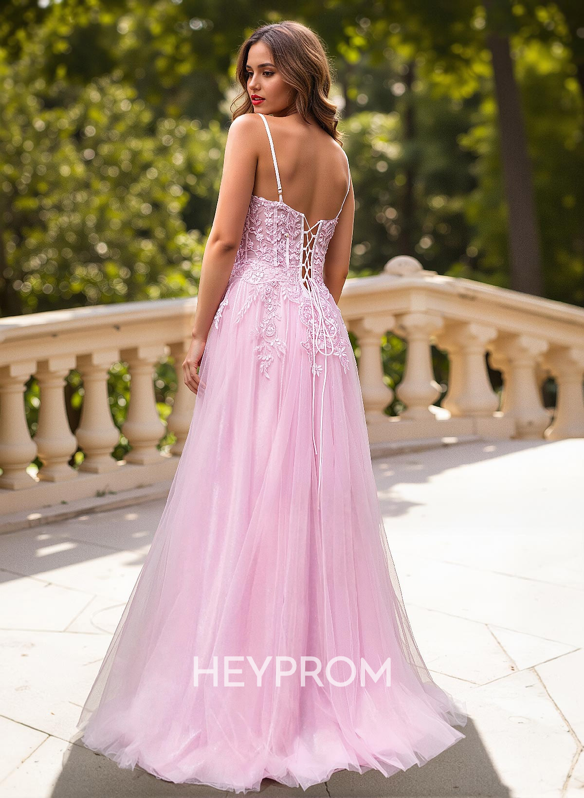 Sweet & Flow A-Line V-Neck Lace/Tulle/Silk Like Satin Prom Dresses With Appliques Lace