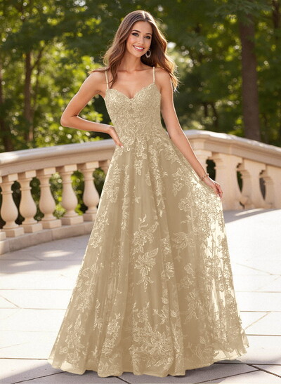 Dreamy V-Neck Spaghetti Straps A-Line Sweep Train Lace/Tulle Prom Dresses