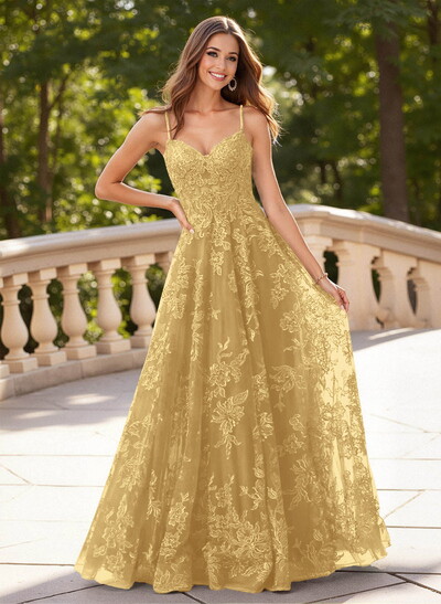 Dreamy V-Neck Spaghetti Straps A-Line Sweep Train Lace/Tulle Prom Dresses