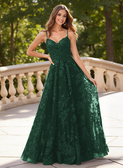 Dreamy V-Neck Spaghetti Straps A-Line Sweep Train Lace/Tulle Prom Dresses