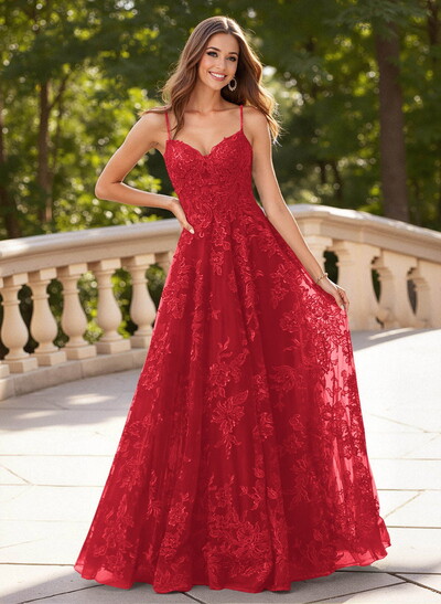 Dreamy V-Neck Spaghetti Straps A-Line Sweep Train Lace/Tulle Prom Dresses