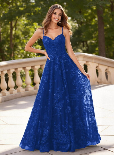 Dreamy V-Neck Spaghetti Straps A-Line Sweep Train Lace/Tulle Prom Dresses