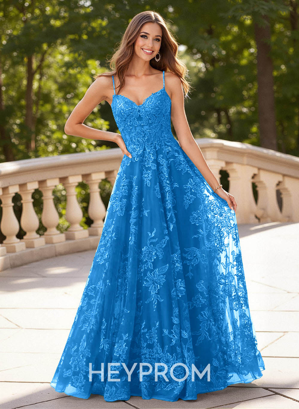 Dreamy V-Neck Spaghetti Straps A-Line Sweep Train Lace/Tulle Prom Dresses