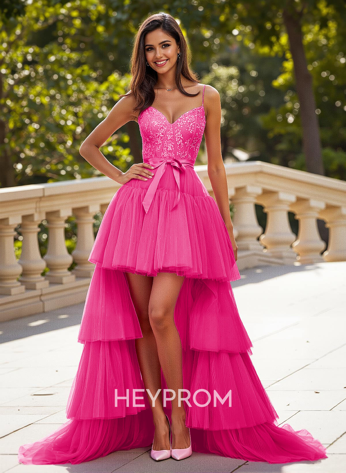 Dreamy V-Neck A-Line Asymmetrical Length Lace/Tulle Prom Dresses With Bow(s)