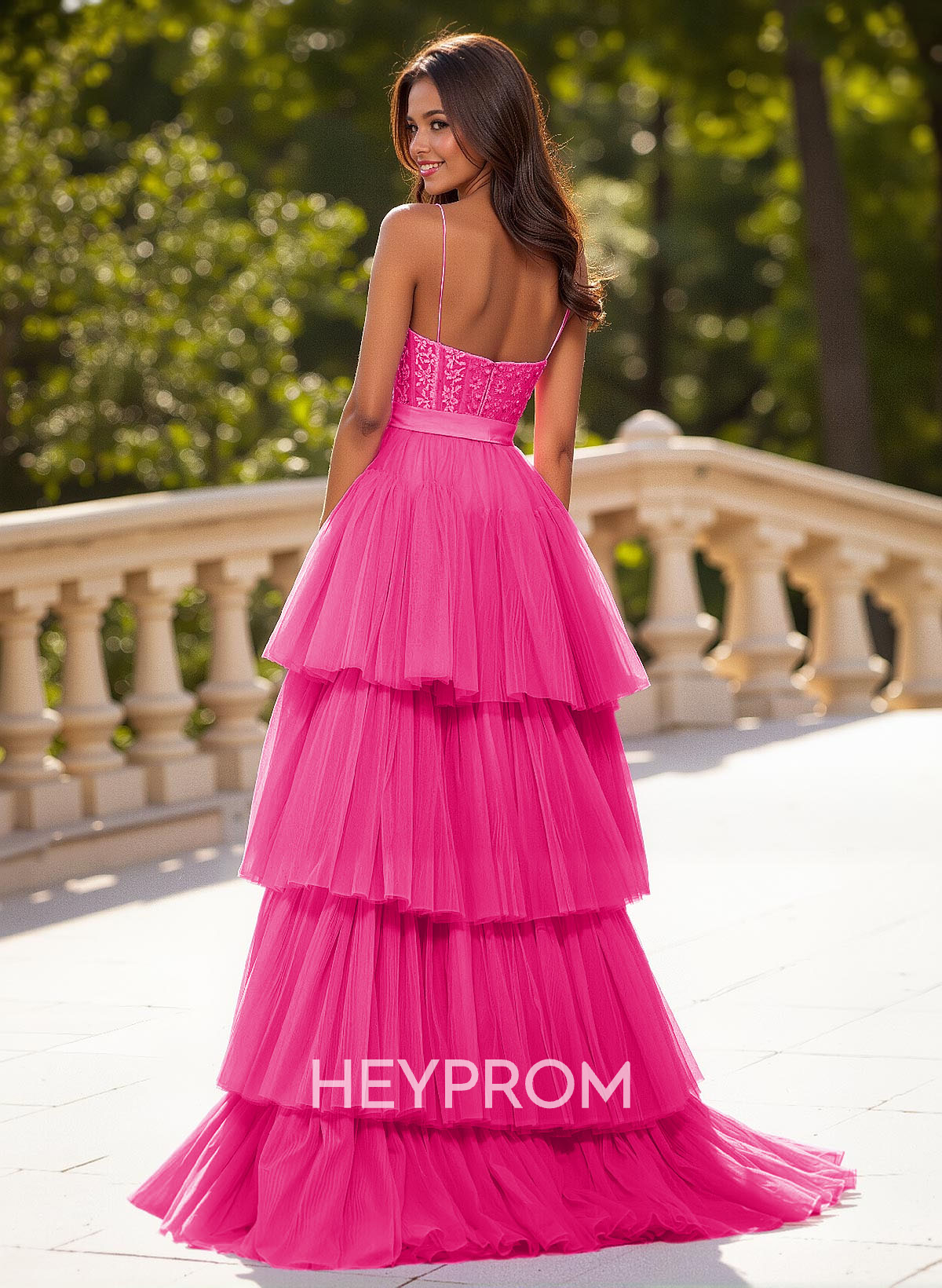 Dreamy V-Neck A-Line Asymmetrical Length Lace/Tulle Prom Dresses With Bow(s)
