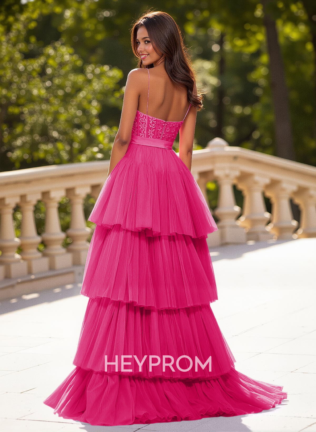 Dreamy V-Neck A-Line Asymmetrical Length Lace/Tulle Prom Dresses With Bow(s)